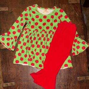 Ruffle Girl Green Dress with Red Polka Dots